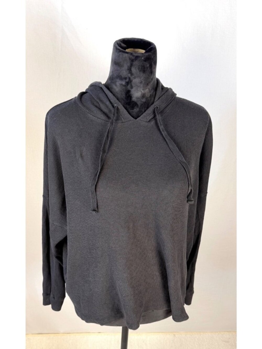 Eileen Fisher Womens Black Waffle-Knit Hooded Pullover Top XL Tencel Blend